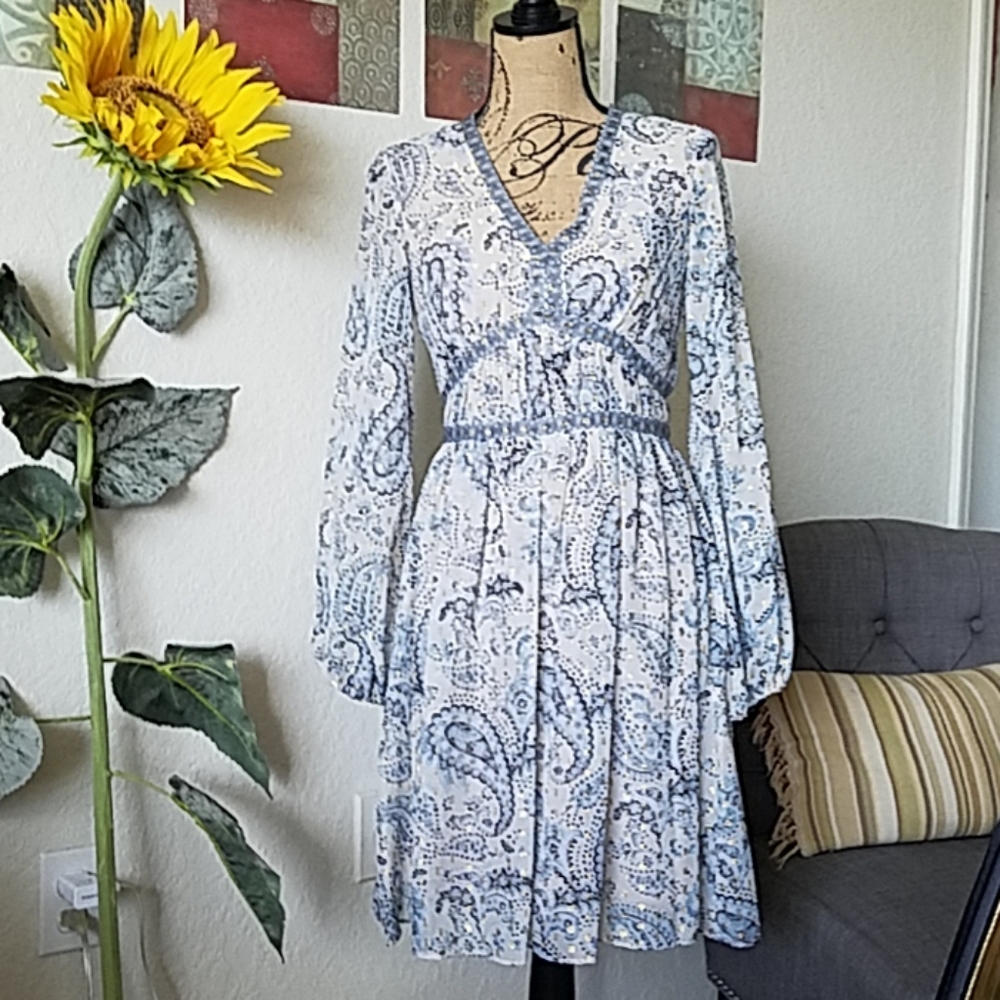 Boho style sheer long sleeve dress by Taylor. Paisley blue & gold Size 4